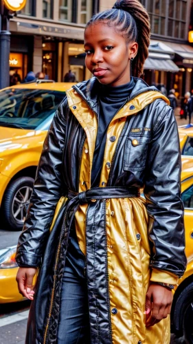 new york streets,yellow jumpsuit,yellow jacket,new york taxi,yellow and black,woman in menswear,trench coat,menswear for women,nigeria woman,street fashion,yellow cab,leather texture,newyork,taxi cab,sprint woman,yellow taxi,women fashion,ny,parka,leather