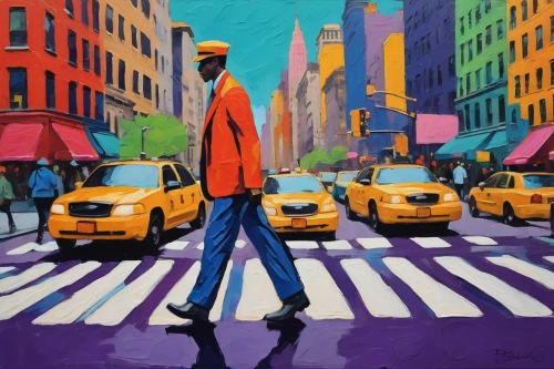 pedestrian,a pedestrian,colorful city,crosswalk,new york streets,pedestrians,new york taxi,taxi cab,oil painting on canvas,cab driver,painting technique,man with umbrella,yellow cab,harlem,pedestrian crossing,yellow taxi,big apple,woman walking,newyork,cabs,Conceptual Art,Oil color,Oil Color 25