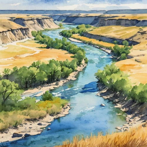 rio grande river,river landscape,snake river,horsheshoe bend,mesquite flats,snake river lakes,fluvial landforms of streams,badlands national park,river of life project,fossil beds,a river,flowing creek,braided river,watercolor,water color,watercolor background,south dakota,horseshoe bend,huka river,watercolor painting,Illustration,Paper based,Paper Based 25