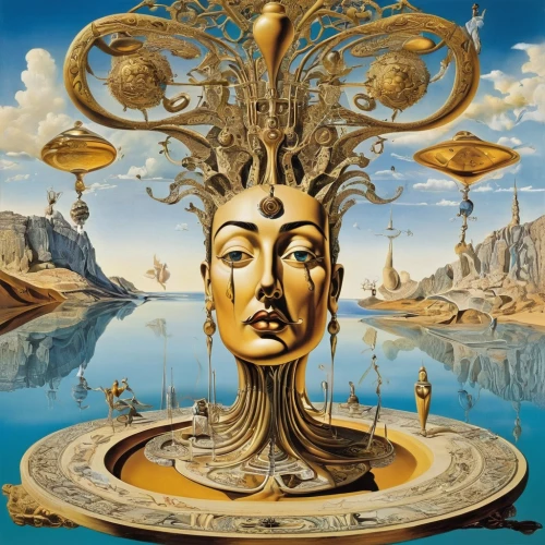 el salvador dali,dali,surrealism,equilibrium,surrealistic,golden scale,mother earth statue,tree of life,mother earth,golden root,gold foil tree of life,equilibrist,copernican world system,esoteric,horn of amaltheia,shamanism,bodhi tree,somtum,golden crown,mysticism,Illustration,Black and White,Black and White 03