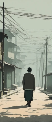 gobelin,road forgotten,street scene,elderly man,the pollution,darjeeling,old man,world digital painting,the street,desolate,walking man,grandfather,suburb,atmosphere,old age,the road,a pedestrian,empty road,slums,alley,Illustration,Japanese style,Japanese Style 08