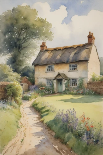 country cottage,thatched cottage,cottages,summer cottage,farmhouse,cottage,lincoln's cottage,cottage garden,home landscape,house painting,farm house,country house,meadow in pastel,country estate,village life,house drawing,farm landscape,watercolour,rural landscape,watercolor,Art,Classical Oil Painting,Classical Oil Painting 13