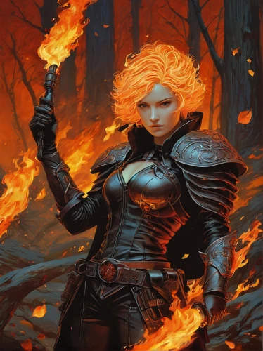 fire master,fiery,firethorn,fire siren,fire background,burning torch,flame of fire,fire artist,fire angel,burning earth,flame spirit,burning hair,woman fire fighter,scorched earth,heroic fantasy,fire poker flower,smouldering torches,fire heart,pillar of fire,female warrior,Illustration,American Style,American Style 06