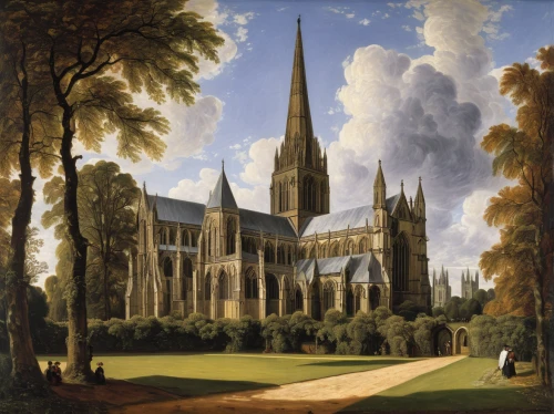 church painting,nidaros cathedral,ulm minster,gothic church,city of münster,gothic architecture,cathedral,abbaye de belloc,st mary's cathedral,notre dame,fredric church,the cathedral,maulbronn monastery,collegiate basilica,delft,the black church,francis church,oxford,muenster,notre-dame,Art,Artistic Painting,Artistic Painting 06