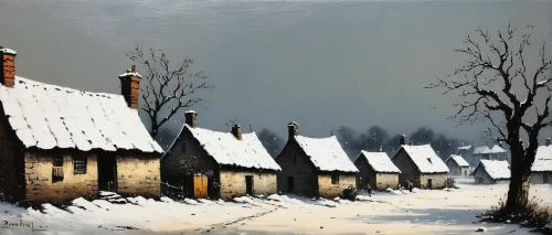 cottages,winter landscape,winter village,winter house,snow landscape,christmas landscape,snowy landscape,cottage,snow scene,wooden houses,row of houses,wintry,country cottage,home landscape,thatched cottage,winter morning,heather winter,huts,carol colman,winter,Conceptual Art,Graffiti Art,Graffiti Art 12