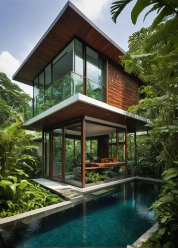 tropical house,pool house,tropical greens,modern architecture,modern house,timber house,luxury property,beautiful home,floating huts,asian architecture,summer house,tropical jungle,dunes house,house in the forest,landscape designers sydney,holiday villa,wooden house,stilt house,house by the water,eco hotel,Illustration,Realistic Fantasy,Realistic Fantasy 05