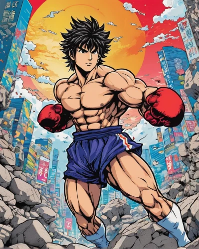 nikuman,my hero academia,sanshou,jin deui,professional boxer,takikomi gohan,muscle man,fighting stance,destroyer,anime manga,fist,ganai,son goku,kick,sakana,boxer,goku,kai-lan,kai ken,manga,Illustration,Japanese style,Japanese Style 04