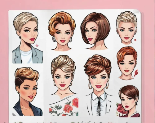 hairstyles,fashion vector,chignon,scrapbook clip art,icon set,artificial hair integrations,hairstyle,retro 1950's clip art,hair clips,updo,sewing pattern girls,bouffant,my clipart,heart clipart,hair shear,vector graphics,50's style,rockabilly style,pin ups,quiff,Unique,Design,Sticker