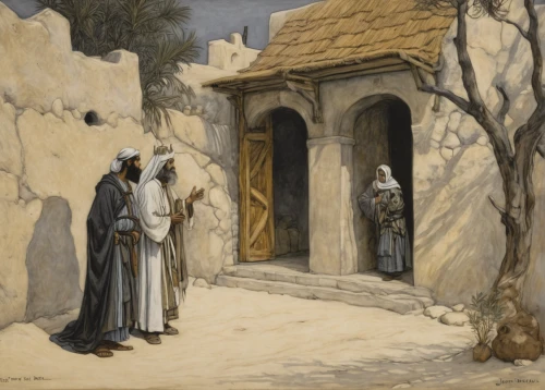 pilgrims,empty tomb,genesis land in jerusalem,woman at the well,samaritan,church painting,nativity,village scene,bethlehem,nativity village,bedouin,the manger,the threshold of the house,the annunciation,contemporary witnesses,way of the cross,nativity of jesus,jerusalem,street scene,the good shepherd,Illustration,Abstract Fantasy,Abstract Fantasy 19