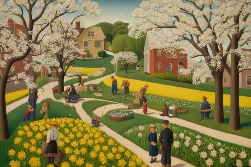 grant wood,spring garden,tulip festival,springtime background,early spring,springtime,in the spring,daffodil field,daffodils,village scene,magnolia trees,spring flowers,still life of spring,yellow garden,spring background,spring blossoms,crocuses,may day,work in the garden,spring,Conceptual Art,Daily,Daily 10