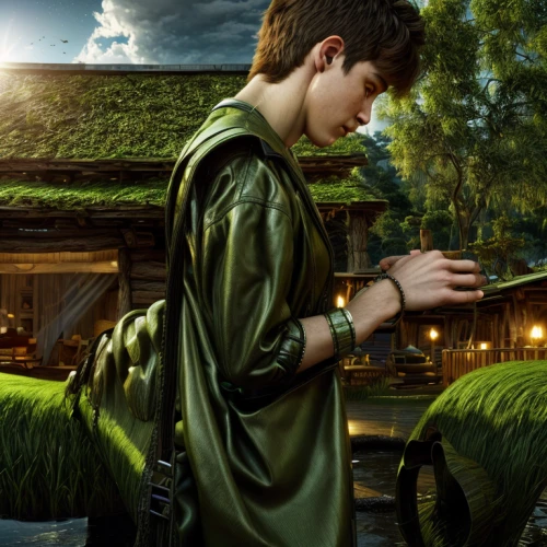 green dragon,fantasy picture,newt,digital compositing,blade of grass,watchmaker,photo manipulation,green jacket,fantasy art,hobbit,gardener,trembling grass,apothecary,lily pad,zookeeper,saint mark,sci fiction illustration,reed,grass roof,insurgent