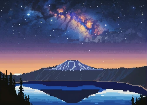 pixel art,stratovolcano,crater lake,trillium lake,mount hood,milkyway,night sky,milky way,rainier,mt hood,alaska,volcanos,mount saint helens,dusk background,spacescraft,volcano,the milky way,starry night,landscape background,mount st helens,Unique,Pixel,Pixel 01