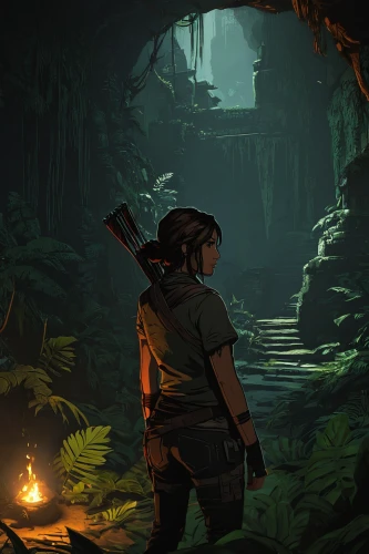 lara,croft,ash falls,cave tour,exploration,ravine,wander,cave,pit cave,chasm,exploring,jungle,quiet,rainforest,game illustration,adventure game,game art,lost place,cenote,shrine,Illustration,Black and White,Black and White 02