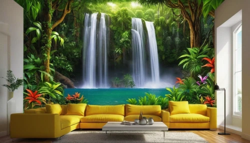green waterfall,tropical jungle,tropical house,aquarium decor,tropical island,tropical tree,rain forest,rainforest,tropical floral background,tropical greens,interior decoration,wall decoration,great room,royal palms,tropical bloom,interior design,cartoon video game background,banana trees,exotic plants,underwater oasis,Art,Artistic Painting,Artistic Painting 30