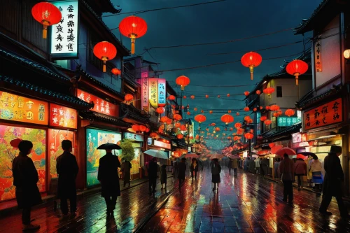 world digital painting,lanterns,chinese lanterns,china town,chinatown,kowloon,japanese paper lanterns,japanese umbrellas,mid-autumn festival,oriental,red lantern,chinese art,asakusa,oriental painting,digital painting,chinese background,shanghai,kyoto,city scape,night scene,Illustration,Realistic Fantasy,Realistic Fantasy 35