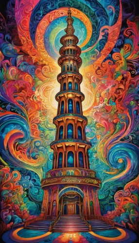 colorful spiral,taipei 101,psychedelic art,kaleidoscopic,kaleidoscope,tower of babel,kaleidoscope art,electric tower,psychedelic,pagoda,colorful tree of life,spiral,mantra om,lsd,the pillar of light,colorful city,spiral background,taipei,pachamama,vortex,Illustration,Realistic Fantasy,Realistic Fantasy 39