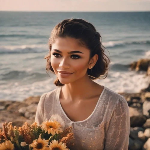audrey hepburn,beautiful girl with flowers,adorable,beach background,audrey,audrey hepburn-hollywood,quinceañera,updo,romantic look,cute,floral,enchanting,pretty,beautiful face,beautiful young woman,gorgeous,smirk,seaside daisy,hula,flower girl