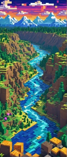 pixel art,mountain world,valley,river landscape,patagonia,tileable,mountain valley,mountains,canyon,tileable patchwork,futuristic landscape,oasis,river delta,mountainous landscape,green valley,a river,peninsula,pixel cells,ash falls,pixel cube,Unique,Pixel,Pixel 03