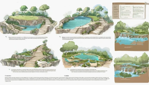 landscape plan,floating islands,swim ring,artificial islands,raft guide,pond plants,water courses,garden pond,maya civilization,brochure,water spring,artificial island,help great bath ruins,crocodile park,guide book,decorative fountains,development concept,volcano pool,crescent spring,dug-out pool,Unique,Design,Character Design