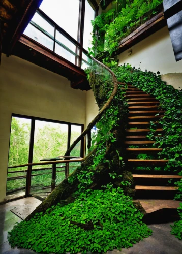 climbing garden,green living,greenery,outside staircase,green waterfall,winding steps,wooden stairs,green garden,green plants,staircase,intensely green hornbeam wallpaper,balcony garden,stairs,stone stairs,climbing plant,winding staircase,tree house,eco hotel,stairwell,landscaping,Illustration,Paper based,Paper Based 14