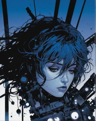 birds of prey-night,valerian,echo,blue rain,widow's tears,mystique,blue enchantress,artemisia,head woman,bjork,cyborg,ursa,cover,detail shot,transistor,birds of prey,amano,the enchantress,indigo,x-men,Illustration,American Style,American Style 06