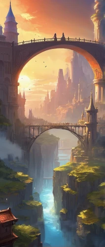 fantasy landscape,ancient city,dragon bridge,fantasy city,scenic bridge,angel bridge,tied-arch bridge,bridges,futuristic landscape,city moat,fantasy world,arch bridge,fantasy picture,stone arch,hangman's bridge,bridge,river landscape,cityscape,riverside,fantasy art,Illustration,Realistic Fantasy,Realistic Fantasy 01