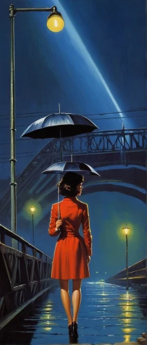 the girl at the station,thames trader,night scene,man with umbrella,brolly,bridge new europe,quayside,oil painting on canvas,under the bridge,gas lamp,red coat,embankment,berger picard,suspension bridge,surrealism,bridge,raincoat,overhead umbrella,love bridge,pedestrian lights,Conceptual Art,Sci-Fi,Sci-Fi 20