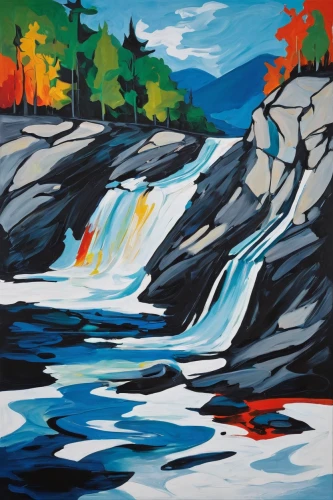 ilse falls,bow falls,falls of the cliff,flowing creek,cascades,ash falls,mountain stream,split rock,robert duncanson,water falls,river landscape,bond falls,waterfall,waterfalls,rushing water,rapids,brook landscape,cascade,falls,david bates,Art,Artistic Painting,Artistic Painting 42