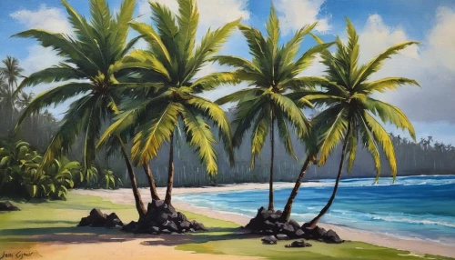 palmtrees,coconut trees,beach landscape,palm pasture,palm trees,coconuts on the beach,coconut palms,watercolor palm trees,tropical beach,an island far away landscape,coastal landscape,palm field,molokai,coconuts,palmtree,luau,kauai,palms,palm tree,coconut tree,Art,Classical Oil Painting,Classical Oil Painting 24