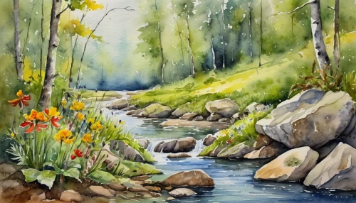 watercolor background,mountain stream,brook landscape,watercolor painting,water color,watercolor,flowing creek,river landscape,water colors,watercolor paint,mountain spring,streams,watercolors,mountain river,watercolour,nature landscape,the brook,landscape nature,watercolor paper,natural landscape,Illustration,Paper based,Paper Based 24