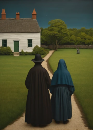 pilgrims,grant wood,nuns,amish,church painting,monks,contemporary witnesses,pilgrimage,village scene,candlemas,pilgrim,towards the garden,man and wife,old couple,clergy,villagers,american gothic,santons,mennonite heritage village,carmelite order,Art,Artistic Painting,Artistic Painting 02