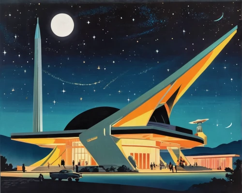 art deco,planetarium,travel poster,atomic age,futuristic art museum,mid century modern,futuristic architecture,flying saucer,art deco ornament,observatory,art deco woman,art deco background,night scene,epcot center,vintage illustration,mid century,lunar prospector,futuristic landscape,olympiapark,matruschka,Illustration,Retro,Retro 12