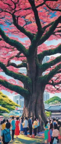 colorful tree of life,the japanese tree,painted tree,chalk drawing,tree of life,bodhi tree,cherry blossom festival,sakura tree,tree grove,blossom tree,sakura trees,red tree,flourishing tree,fig tree,magic tree,wondertree,cherry blossom tree,silk tree,lantau island,sacred fig,Illustration,Japanese style,Japanese Style 04