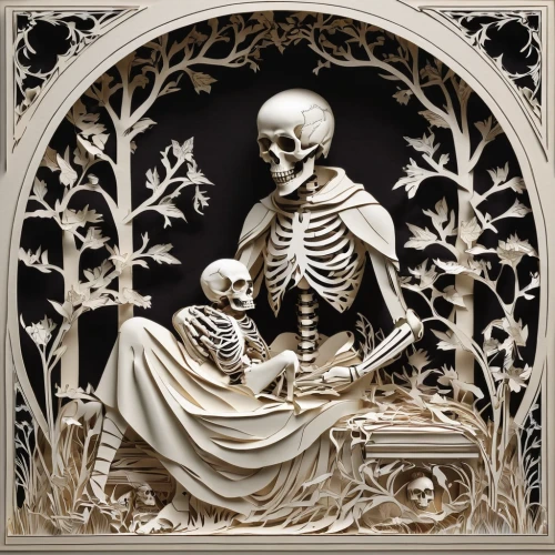 dance of death,memento mori,vintage skeleton,vanitas,skull bones,day of the dead skeleton,danse macabre,skeletons,skeletal structure,skeletal,life after death,human skeleton,bones,gothic portrait,pietà,capricorn mother and child,mortality,wood skeleton,skulls and,scull,Unique,Paper Cuts,Paper Cuts 04