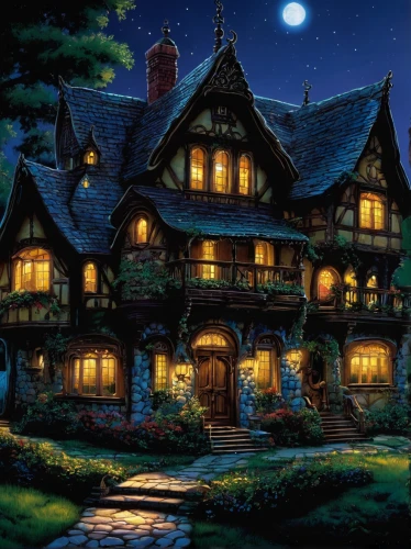 witch's house,witch house,fairy tale castle,fairy tale,traditional house,houses clipart,children's fairy tale,studio ghibli,house in the forest,beautiful home,victorian house,log home,a fairy tale,country house,cottage,the gingerbread house,wooden house,night scene,country cottage,fairytale,Illustration,American Style,American Style 07