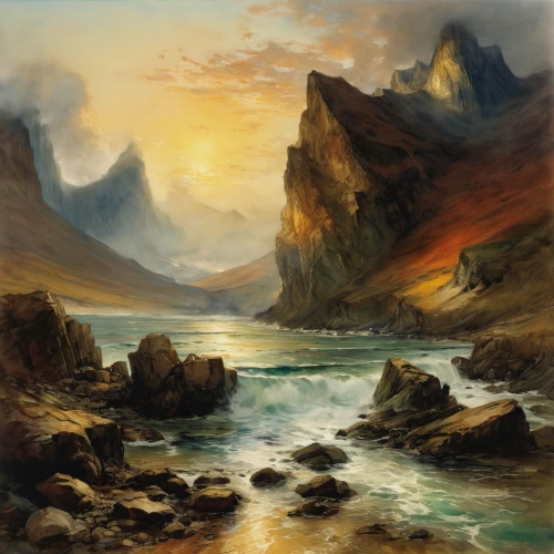 coastal landscape,thomas moran,mountain landscape,volcanic landscape,fjord,sea landscape,river landscape,fjords,mountainous landscape,landscape with sea,fantasy landscape,mountain scene,navajo bay,mountain sunrise,yellow mountains,desert landscape,beach landscape,high landscape,panoramic landscape,seascape,Illustration,Abstract Fantasy,Abstract Fantasy 18