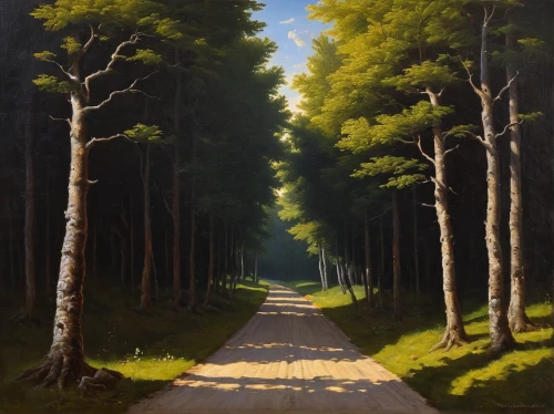 forest road,tree lined lane,forest path,forest landscape,row of trees,birch alley,tree lined path,coniferous forest,pine forest,maple road,country road,birch forest,mountain road,tree-lined avenue,pathway,spruce forest,pine trees,trail,empty road,forest,Art,Classical Oil Painting,Classical Oil Painting 05