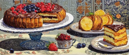 still life with jam and pancakes,pastries,babka,sfogliatelle,summer still-life,autumn still life,petit gâteau,pan dulce,still-life,sweet pastries,sufganiyah,rum baba,mixed fruit cake,pâtisserie,fruit pie,fruit cake,fruit plate,basket of fruit,brioche,party pastries,Illustration,Retro,Retro 11