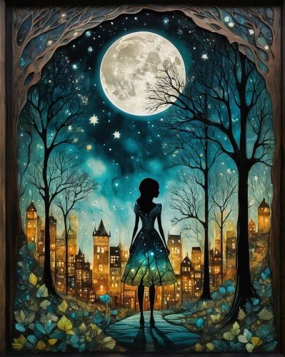 fairy tale character,moon shine,moonlit night,children's fairy tale,blue moon rose,moon and star background,blue moon,fairy tale,moonlit,moon phase,moon night,moonbeam,hanging moon,the girl in nightie,fairy tales,moonlight,fairytales,the moon,alice,dream world,Art,Artistic Painting,Artistic Painting 22