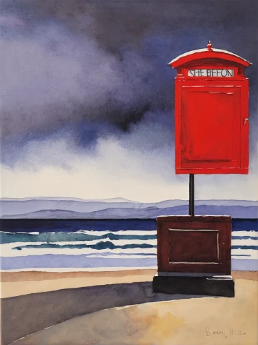 lifeguard tower,postbox,post box,letter box,letterbox,telephone booth,life buoy,newspaper box,mail box,mailbox,courier box,diving bell,phone booth,beach hut,life guard,savings box,lifeguard,lifebuoy,carol colman,kiosk,Illustration,Paper based,Paper Based 22