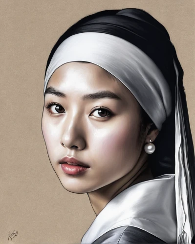 girl with a pearl earring,digital painting,asian woman,japanese woman,digital drawing,girl portrait,world digital painting,islamic girl,vietnamese woman,girl drawing,oriental girl,headscarf,digital art,hanbok,digital artwork,beret,portrait of a girl,mulan,girl in cloth,portrait of christi,Conceptual Art,Daily,Daily 01
