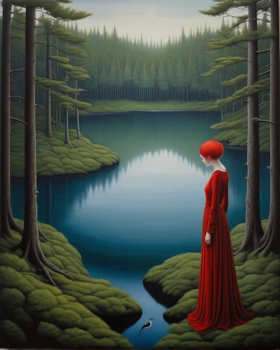 landscape red,red riding hood,girl with tree,little red riding hood,oil painting on canvas,woman at the well,man in red dress,rusalka,forest landscape,red hat,forest of dreams,lady in red,the blonde in the river,oil on canvas,girl on the river,forest background,red coat,art painting,carol colman,enchanted forest,Conceptual Art,Daily,Daily 22