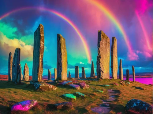 ring of brodgar,orkney island,standing stones,rainbow bridge,stone circle,easter islands,stone circles,scotland,isle of skye,stone henge,easter island,stacked stones,splendid colors,fantasy landscape,background with stones,scottish highlands,rainbow background,stacked rocks,double rainbow,stone towers,Conceptual Art,Sci-Fi,Sci-Fi 27
