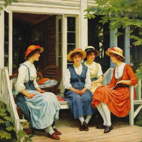 women at cafe,young women,ladies group,woman house,pilgrims,conversation,women's clothing,work in the garden,children studying,in the garden,garden party,garden bench,july 1888,social group,porch,1900s,in the early summer,the sale,street scene,country dress,Illustration,Retro,Retro 20