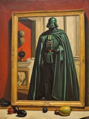 darth vader,vader,darth wader,boba fett,doctor doom,imperial coat,art dealer,overtone empire,self-reflection,oil on canvas,self-portrait,the collector,the mirror,magic mirror,meticulous painting,dark side,vintage art,imperial,popular art,green apples,Conceptual Art,Fantasy,Fantasy 15