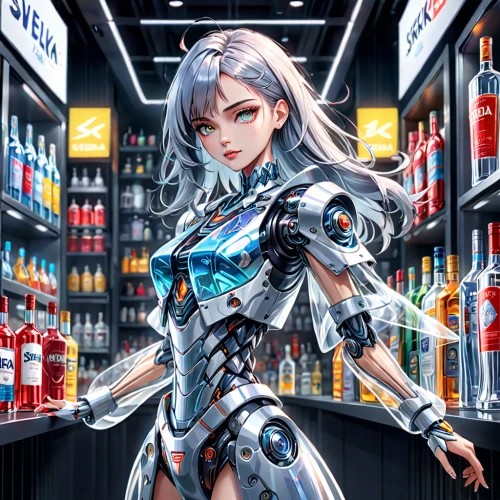 convenience store,cyborg,cyber,cosmetics counter,absolut vodka,cashier,bartender,barmaid,liquor store,ramune,consumer,vector girl,cyber glasses,apothecary,oil cosmetic,cosmetics,kos,pharmacy,cg artwork,merchant,Anime,Anime,General