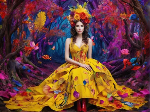 yellow garden,girl in flowers,colorful tree of life,fantasy art,fallen colorful,fairy queen,fantasy portrait,faerie,fantasy picture,girl in a wreath,fairy peacock,faery,yellow crown amazon,american witch hazel,the enchantress,wreath of flowers,flower fairy,fairy tale character,mystical portrait of a girl,splendor of flowers,Conceptual Art,Oil color,Oil Color 25