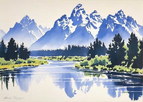 teton,grand teton,river landscape,mountain scene,alaska,salt meadow landscape,mountain river,grand tetons,mountain landscape,mountainous landscape,mountain lake,mountains,painting technique,snowy peaks,mountainlake,denali,snake river,the spirit of the mountains,mountain range,watercolor,Art,Artistic Painting,Artistic Painting 24