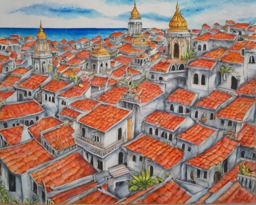 dubrovnik city,dubrovnik,stone town,cartagena,khokhloma painting,island of rab,santiago di cuba,mediterranean,church painting,byzantine architecture,townscape,maya city,old havana,hoian,roof landscape,roofs,santorin,dubrovnic,havana,medina,Illustration,Realistic Fantasy,Realistic Fantasy 02