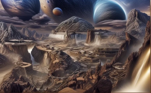 futuristic landscape,fantasy landscape,mandelbulb,alien world,alien planet,desert planet,mushroom landscape,terraforming,fantasy picture,virtual landscape,planet eart,mountainous landforms,karst landscape,fractal environment,fantasy art,arid landscape,3d fantasy,lunar landscape,desert landscape,dune landscape